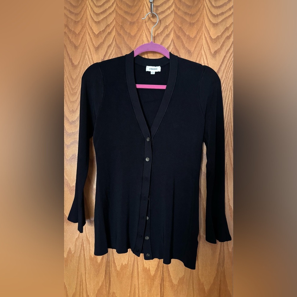 L'AGENCE Lucas Black V-Neck Ribbed Button-Front Knit Cardigan